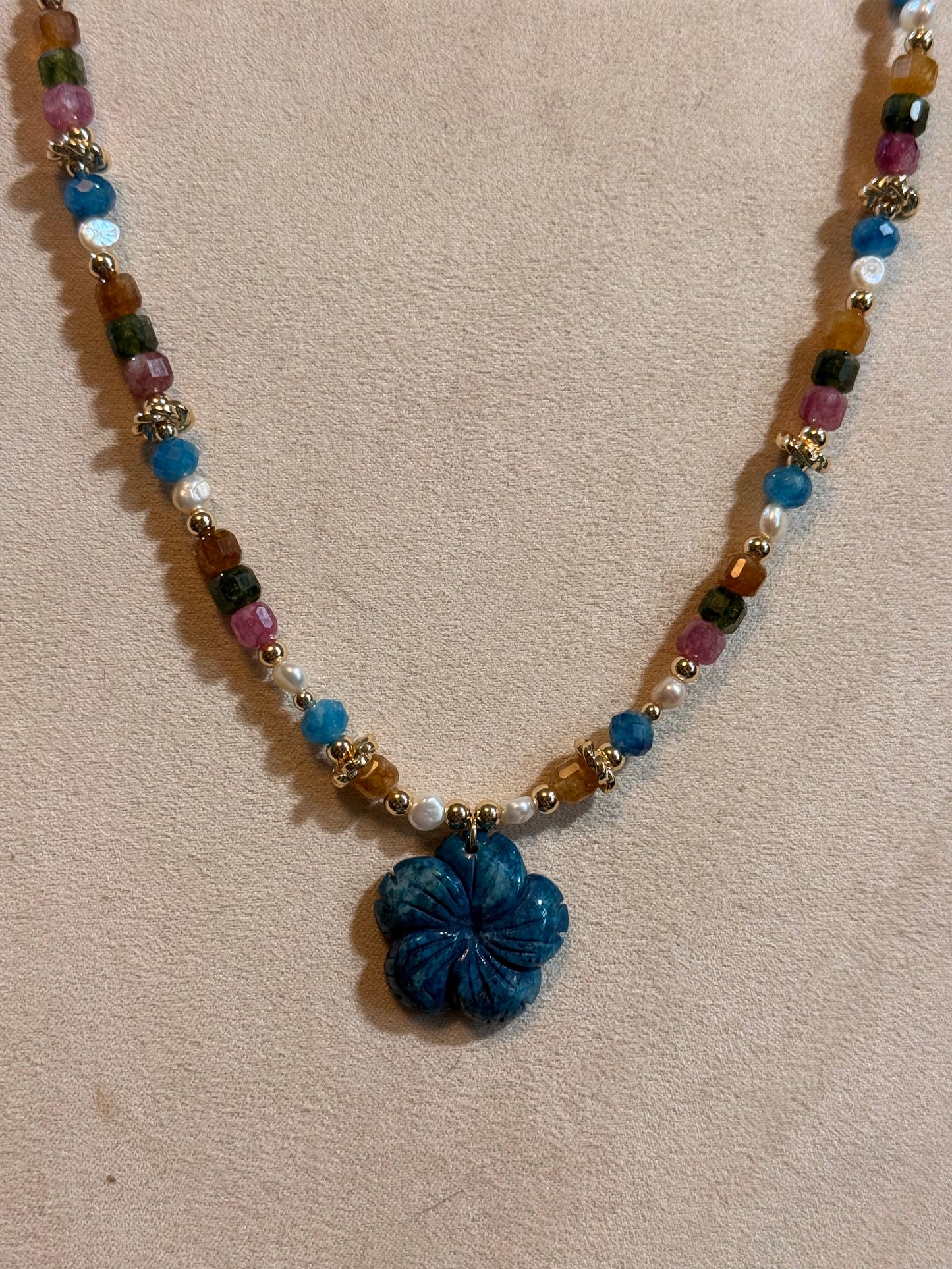 Blue Apatite Flower Necklace with Tourmaline & Freshwater Pearls – 14k Gold Filled