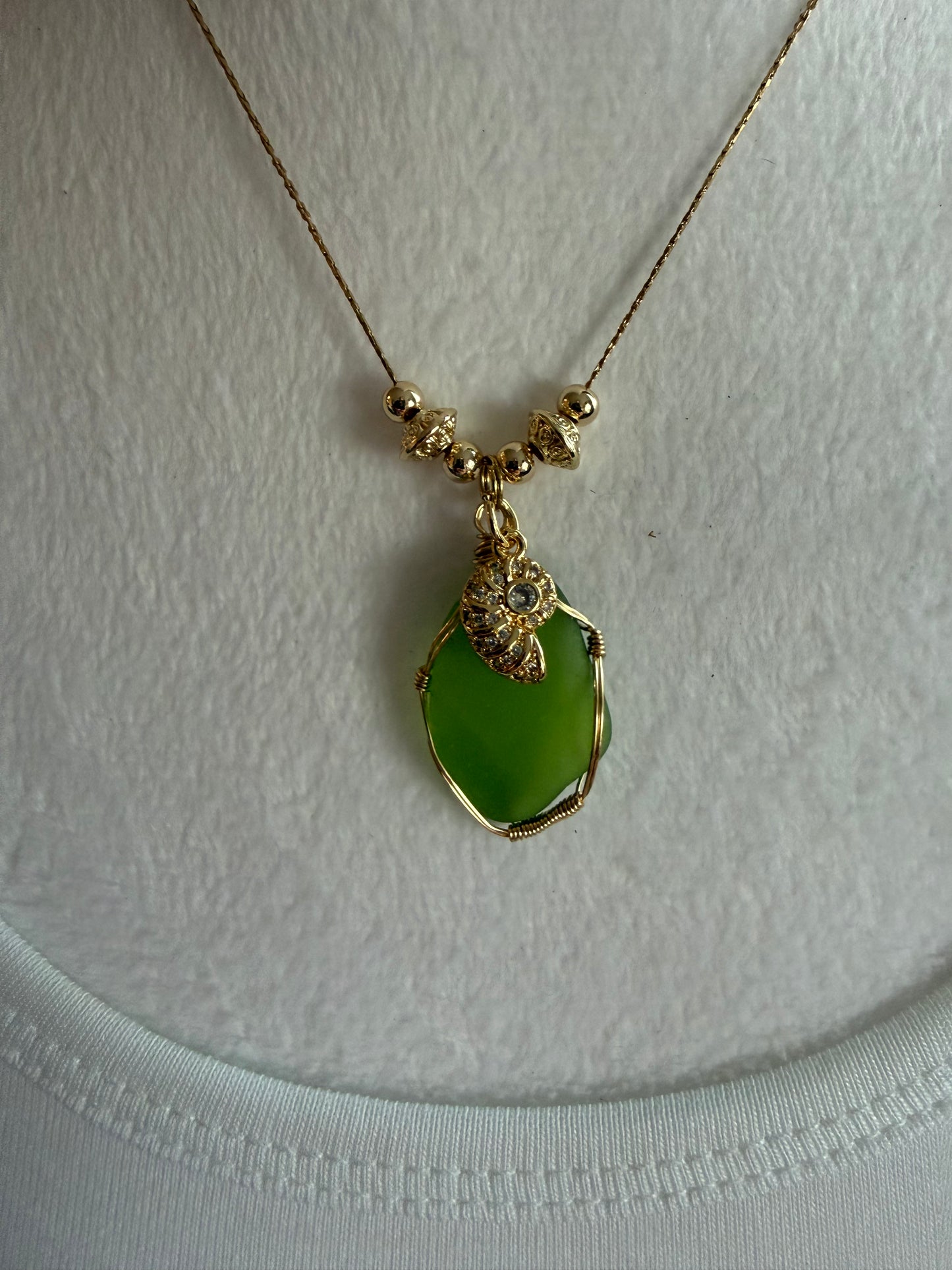Green Seaglass & Shell Necklace